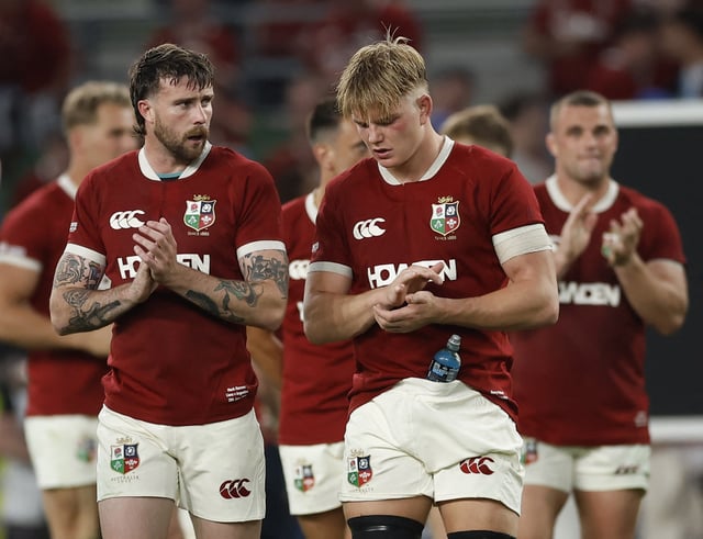 Rugby Union - British & Irish Lions v Argentina - Aviva Stadium, Dublin, Ireland - June 20, 2025  British & Irish Lions' Mack Hansen and British & Irish Lions' Henry Pollock look dejected after the match REUTERS/Clodagh Kilcoyne/File Photo