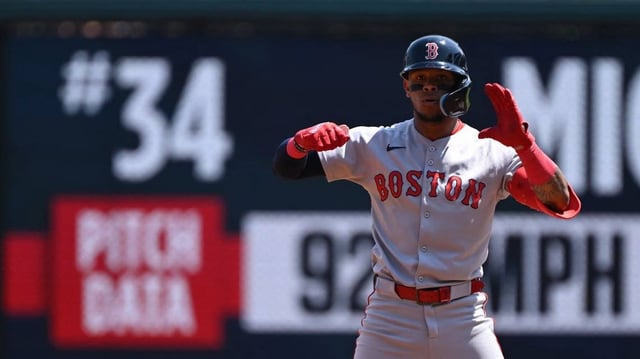 Jul 4, 2025; Washington, District of Columbia, USA; Boston Red Sox center fielder Ceddanne Rafaela (3) reacts after hitting a double against the Washington Nationals during the second inning at Nationals Park. Mandatory Credit: Rafael Suanes-Imagn Images