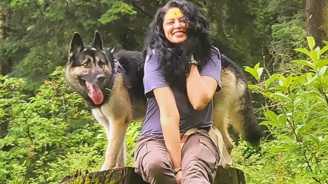Kavita Kaushik had to jump into waterfall to save her pet dog Raaka. 