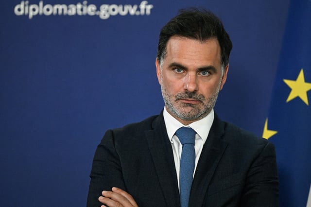France's Delegate Minister for Foreign Trade and French Nationals Abroad Laurent Saint-Martin listens to the speech of France's Minister for Europe and Foreign Affairs Jean-Noel Barrot, after a meeting with European partners to suggest a negotiated solution to end the conflict between Iran and Israel at the Ministry for Europe and Foreign Affairs (Quai d'Orsay) in Paris, France June 19, 2025.  JULIEN DE ROSA/Pool via REUTERS/File photo