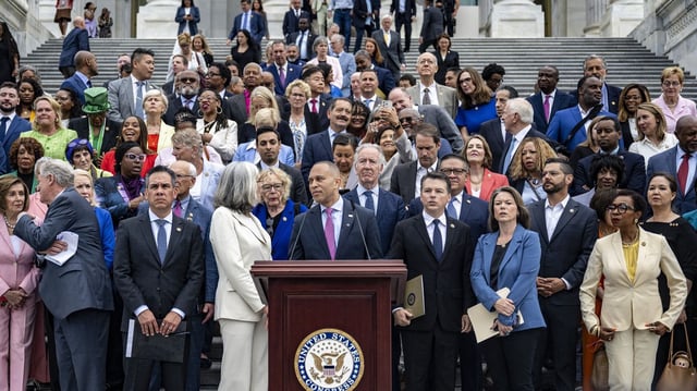 House Democrats speak at a press conference on the steps of the U.S. Capitol ahead of votes on the "One Big, Beautiful Bill" on July 2. Photo: Jim Watson/AFP via Getty Images