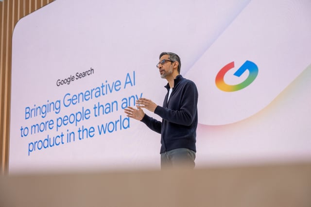 Google CEO Sundar Pichai addresses the crowd during Google's annual I/O developers conference in Mountain View, California on May 20, 2025. (Photo by Camille Cohen / AFP)