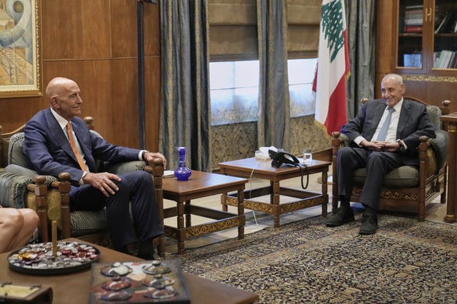 U.S. Ambassador to Turkey and Special Envoy to Syria Tom Barrack, left, meets with Lebanese Parliament Speaker Nabih Berri, in Beirut, Lebanon, Monday, July 7, 2025. (AP Photo/Hussein Malla)
