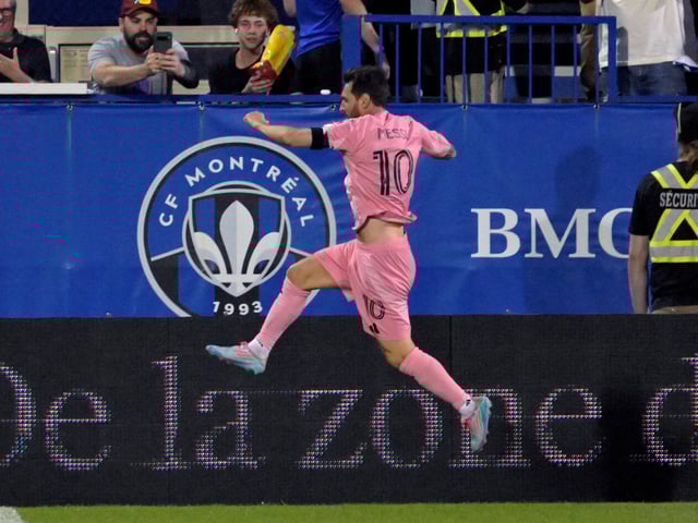 Jul 5, 2025; Montreal, Province of Quebec, CAN; Inter Miami CF forward Lionel Messi (10) celebrates after scoring a goal against CF Montreal during the second half at Saputo Stadium. Mandatory Credit: Eric Bolte-Imagn Images
