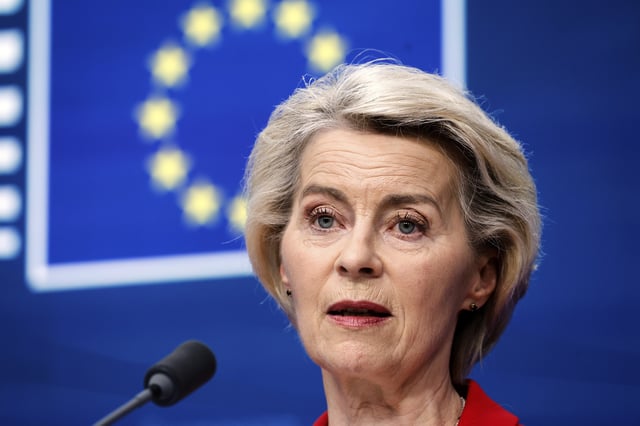European Commission President Ursula von der Leyen addresses a media conference at an EU summit in Brussels, Thursday, June 26, 2025. (AP Photo/Omar Havana)
