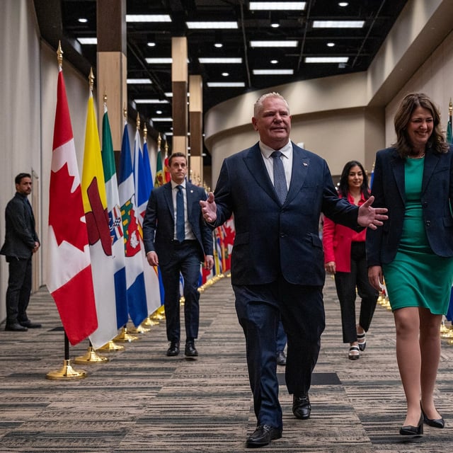 Premiers Doug Ford and Danielle Smith at the First Minister’s Meeting in Saskatoon, June 2. The pair were together at a roundtable in Calgary on Sunday.