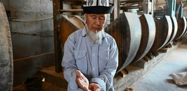 Le fermier Abdimamat Saparov, qui cultive du riz dans la région de Batken, au Kirghizstan, le 22 mai 2025
