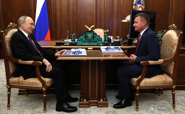 Russian President Vladimir Putin is pictured meeting Roman Starovoit on January 30, 2025 in the Kremlin.
