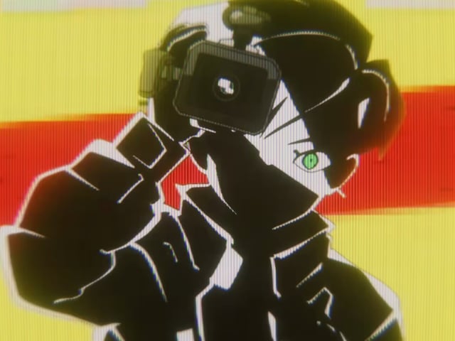 Character holding up a camcorder 