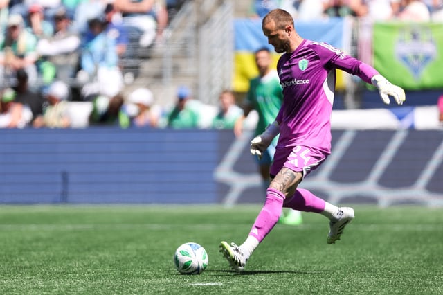 Jul 6, 2025; Seattle, Washington, USA; Seattle Sounders FC goalkeeper Stefan Frei (24) kicks the ball during the first half against Columbus Crew at Lumen Field. Mandatory Credit: Kevin Ng-Imagn Images/File Photo