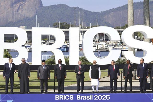 Leaders take part in a photo session for the annual BRICS summit in Rio de Janeiro on July 6, 2025.