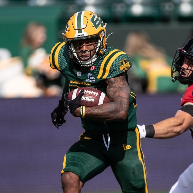 Ottawa Redblacks' Anthony Gosselin (45) chases Edmonton Elks' Javon Leake (22) during first half CFL action in Edmonton, on Sunday July 6, 2025. THE CANADIAN PRESS/Jason Franson
