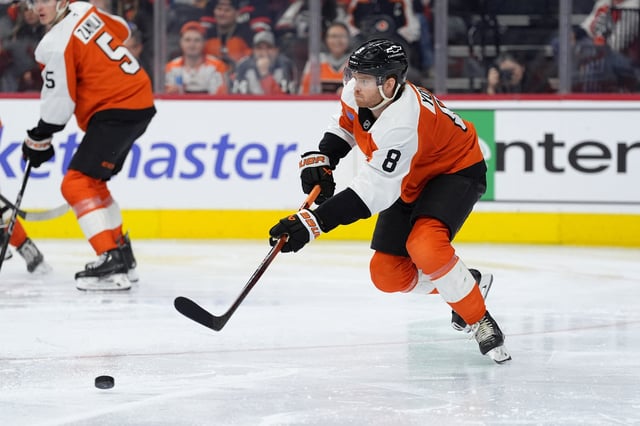 Jan 11, 2025; Philadelphia, Pennsylvania, USA; Philadelphia Flyers defenseman Cam York (8) passes the puck against the Anaheim Ducks in the second period at Wells Fargo Center. Mandatory Credit: Kyle Ross-Imagn Images/File Photo