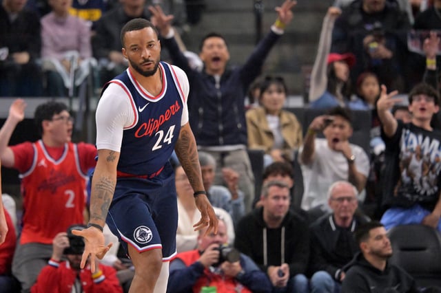 Apr 26, 2025; Inglewood, California, USA; Los Angeles Clippers guard Norman Powell (24) heads down court after a 3-point basket in the first half of game four of round one of the 2024 NBA Playoffs against the Denver Nuggets at Intuit Dome. Mandatory Credit: Jayne Kamin-Oncea-Imagn Images/File Photo
