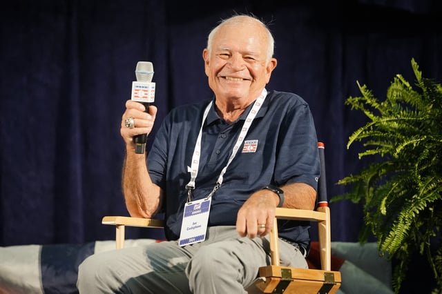 Jul 20, 2024; Cooperstown, New York, USA; Red Sox voice Joe Castiglione, the Ford C. Frick Award for excellence in broadcasting smiles during the press conference with Baseball Hall of Fame Director of Communications Craig Muder at the Clark Center in Cooperstown, NY. Mandatory Credit: Gregory Fisher-USA TODAY Sports/File Photo