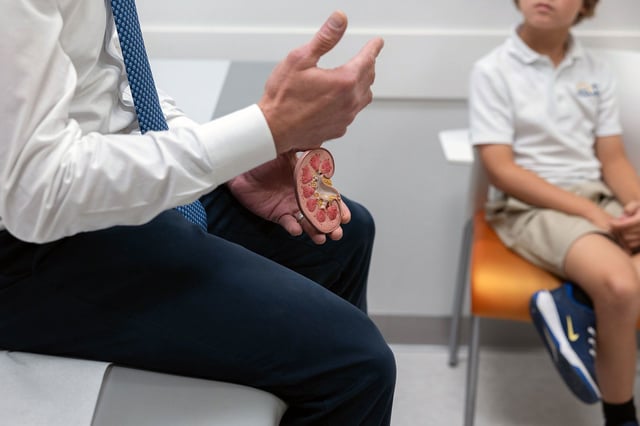 KING OF PRUSSIA, PENNSYLVANIA - September 13: Dr. Gregory E. Tasian (left), a pediatric urologist, shows patients a model of a kidney with kidney stones at the Children's Hospital of Philadelphia in King of Prussia, Pennsylvania on September 13, 2024. (Photo by Rachel Wisniewski/For the Washington Post)