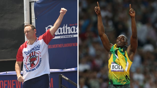 Joey Chestnut at the 2025 Nathan’s Hot Dog Eating Contest and Usain Bolt after winning gold at the 2012 Olympic Games.