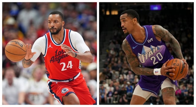 The Clippers traded guard Norman Powell, left, and a 2027 second-round pick and acquired Utah forward John Collins in a three-team deal Monday, July 7, 2025. (Photos by The Associated Press)