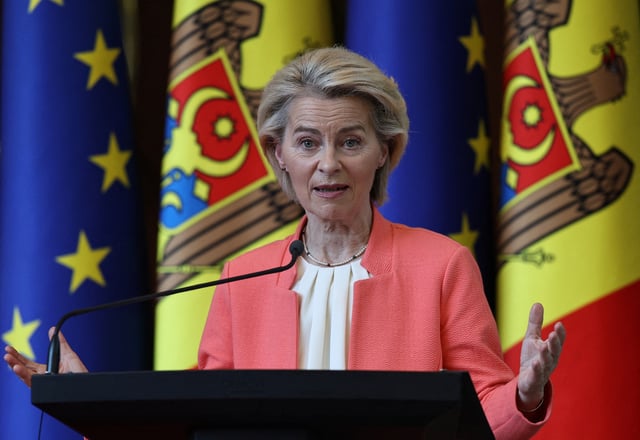 European Commission President Ursula von der Leyen speaks during a press conference with European Council President Antonio Costa and Moldovan President Maia Sandu at the first Moldova-EU summit in Chisinau, Moldova July 4, 2025. REUTERS/Vladislav Culiomza/File Photo