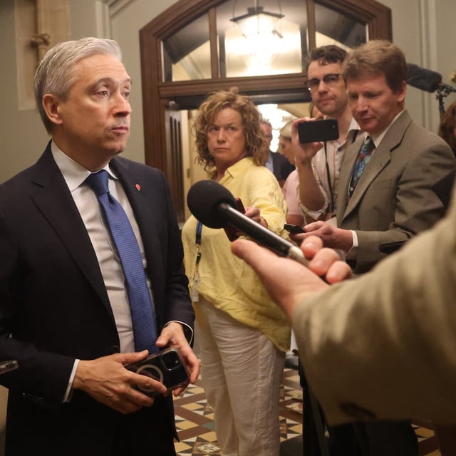 Minister of Finance and National Revenue Francois-Philippe Champagne speaks to reporters as he arrives at a cabinet meeting on Parliament Hill in Ottawa, Thursday, June 19, 2025. THE CANADIAN PRESS/Patrick Doyle