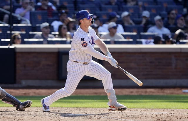 NEW YORK, NEW YORK - JULY 04: Pete Alonso #20 of the New York Mets in action against the New York Yankees at Citi Field on July 04, 2025 in New York City. The Mets defeated the Yankees 6-5.