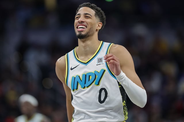 Tyrese Haliburton #0 of the Indiana Pacers reacts during the game against the Los Angeles Lakers at Gainbridge Fieldhouse on March 26, 2025 in Indianapolis, Indiana.