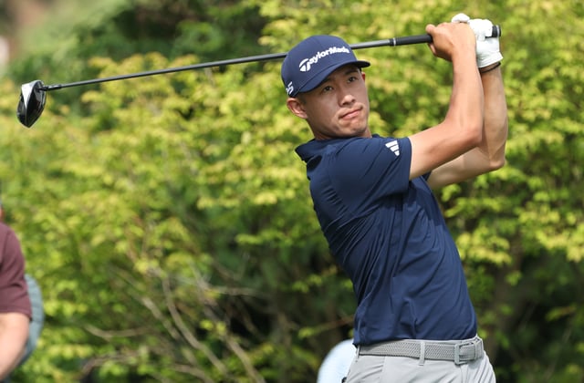 Jun 9, 2025; Oakmont, Pennsylvania, USA; Colin Morikawa  tees off on hole one during a practice round for the U.S. Open golf tournament at Oakmont Country Club. Mandatory Credit: Charles LeClaire-Imagn Images/File Photo