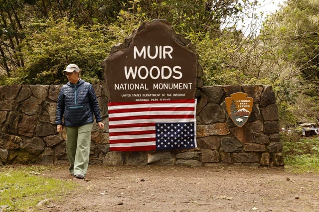 Protesters at Muir Woods National Monument in Marin County on March 1, 2025. Demonstrations were planned on all 433 National Park sites to protest the Trump administration’s sweeping federal layoffs.