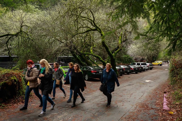 People walk through a parking lot at Muir Woods in Mill Valley. Visiting California’s national parks — including Yosemite, Muir Woods and Lassen Volcanic — is about to get more expensive for international tourists, following a sweeping executive order signed by President Donald Trump last week.