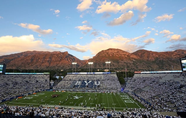 LaVell Edwards Stadium is seen before an NCAA college football game between BYU and California on Saturday, Sept. 8, 2018, in Provo, Utah. (AP Photo/Rick Bowmer)