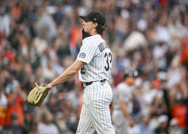 Chase Dollander (32) of the Colorado Rockies reacts to giving up a grand slam to Victor Caratini (17) of the Houston Astros during the third inning at Coors Field in Denver on Tuesday, July 1, 2025. (Photo by AAron Ontiveroz/The Denver Post)