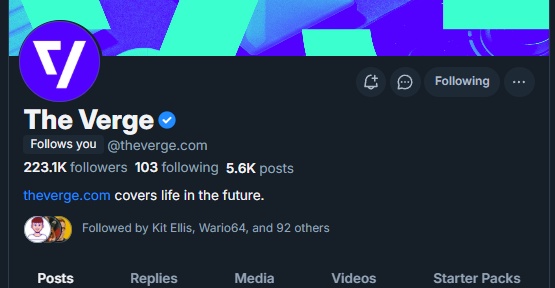 Screenshot of The Verge’s official account on Bluesky showing the new notification setting toggle with a bell icon.