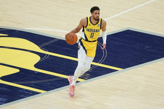 Jun 19, 2025; Indianapolis, Indiana, USA; Indiana Pacers guard Tyrese Haliburton (0) dribbles the ball against the Oklahoma City Thunder in the second quarter during game six of the 2025 NBA Finals at Gainbridge Fieldhouse. Mandatory Credit: Trevor Ruszkowski-Imagn Images/File Photo