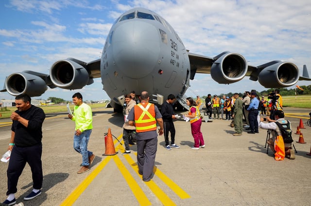 Honduran migrants arrive on a deportation flight at the Ramon Villeda Morales International Airport following President Donald Trump's national emergency declaration on immigration, in San Pedro Sula, Honduras on Jan. 31, 2025.