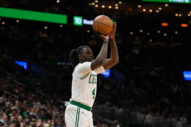 Apr 11, 2025; Boston, Massachusetts, USA; Boston Celtics guard Jrue Holiday (4) shoots the ball against the Charlotte Hornets during the first half at TD Garden. Mandatory Credit: Eric Canha-Imagn Images