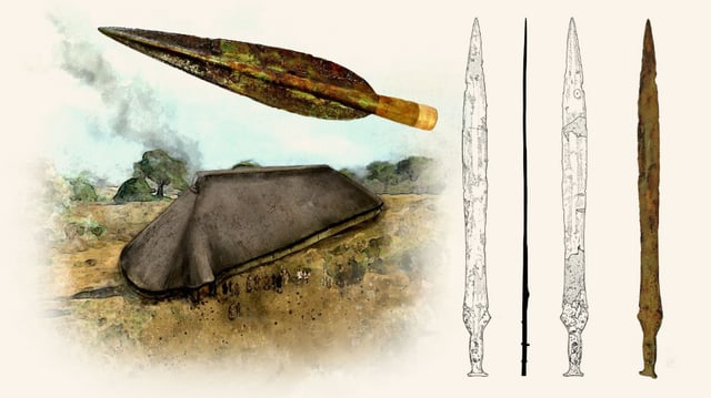 What the Stone Age hall would have looked like and the Bronze Age weapons found during the dig