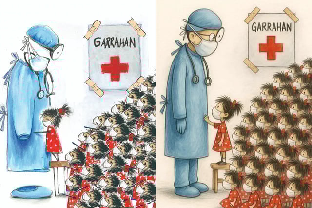 A la izquierda, la ilustración que realizó María Verónica Ramírez; a la derecha la copia que circuló en redes sociales