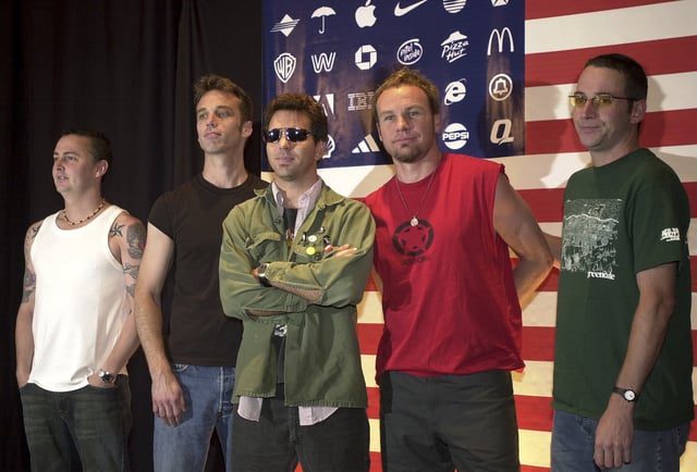 FILE - Pearl Jam members, from left, Mike McCready, Matt Cameron, Eddie Vedder, Jeff Ament and Stone Gossard appear at a news conference in Mexico City, on July 17, 2003. (AP Photo/Jaime Puebla, File)