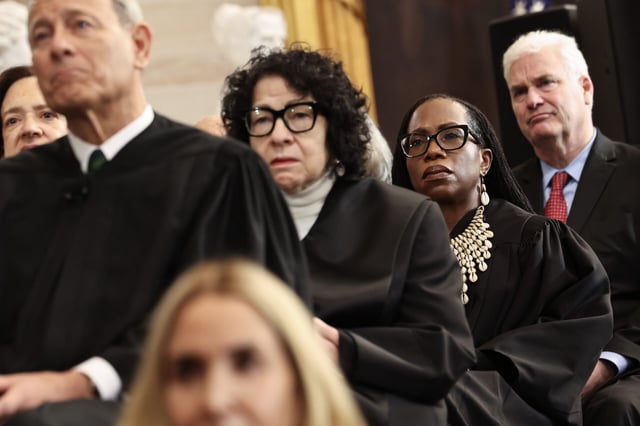 WASHINGTON, DC - JANUARY 20: (L-R) U.S. Supreme Court Chief Justice John Roberts, U.S. Supreme Court Associate Justice Sonia Sotomayor and U.S. Associate Supreme Court Justice Ketanji Brown Jackson listen as U.S. President Donald Trump speaks during inauguration ceremonies in the Rotunda of the U.S. Capitol on January 20, 2025 in Washington, DC. Donald Trump takes office for his second term as the 47th president of the United States. (Photo by Chip Somodevilla/Getty Images)