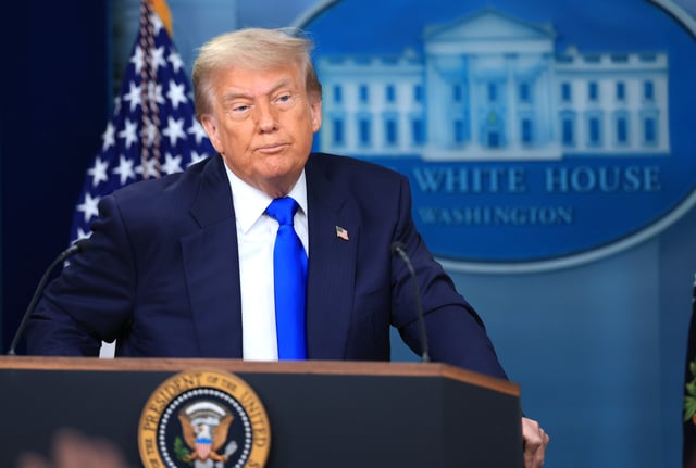 U.S. President Donald Trump answers questions during a press conference on recent Supreme Court rulings in the briefing room at the White House on June 27, 2025 in Washington, DC.