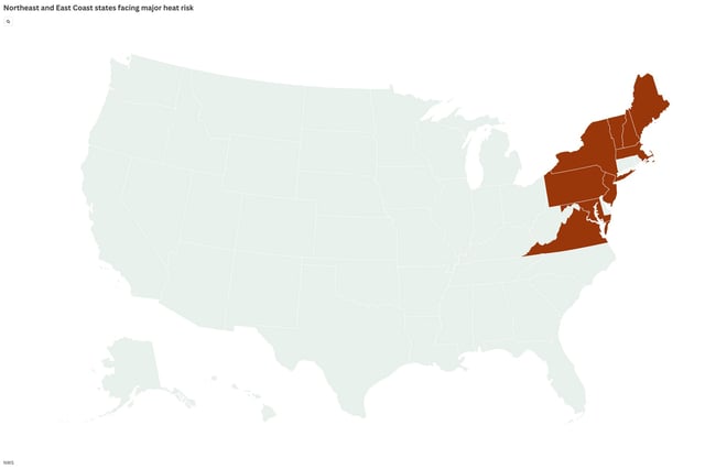 A map created by Newsweek shows the states with a major heat risk on Monday.