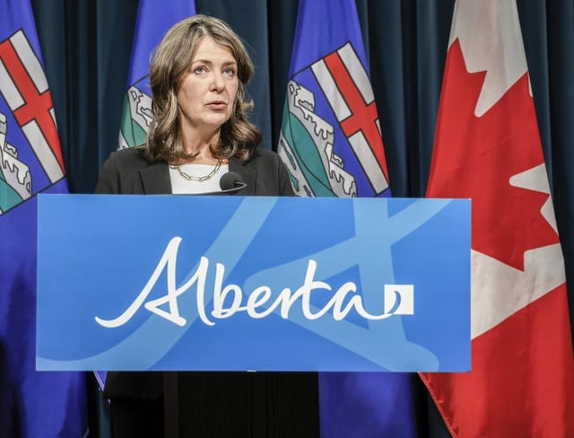 Alberta Premier Danielle Smith speaks during a news conference in Calgary, Alta., Wednesday, Feb. 19, 2025. 