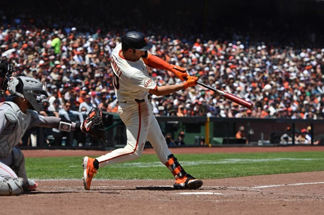 San Francisco Giants’ Casey Schmitt (10) connects for a solo home run in the fifth inning of their MLB game at Oracle Park in San Francisco, Calif., on Sunday, June 22, 2025. The San Francisco Giants defeated the Boston Red Sox 9-5. (Jose Carlos Fajardo/Bay Area News Group)