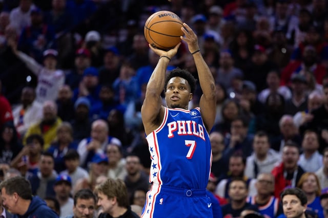 Apr 25, 2024; Philadelphia, Pennsylvania, USA; Philadelphia 76ers guard Kyle Lowry (7) shoot the ball against the New York Knicks during the second half of game three of the first round for the 2024 NBA playoffs at Wells Fargo Center. Mandatory Credit: Bill Streicher-USA TODAY Sports/File Photo