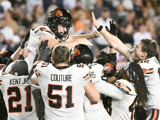  B.C. Lions’ Sean Whyte, top left, celebrates with teammates after kicking the winning field goal during second half CFL football action against the Montreal Alouettes in Montreal, Saturday, July 5, 2025.