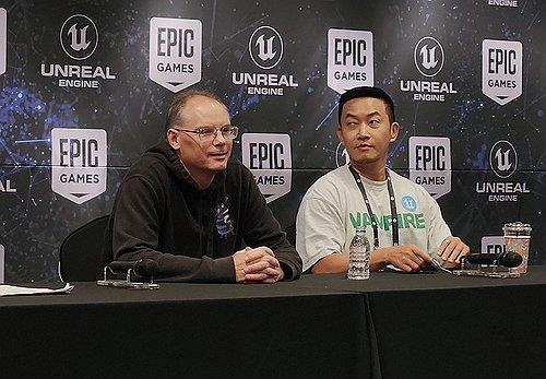 This file photo taken on Aug. 29, 2023, shows Tim Sweeney (L), chief executive officer (CEO) of U.S. gaming giant Epic Games, speaking at a press conference in Seoul. (Yonhap)