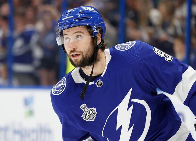 Jul 7, 2021; Tampa, Florida, USA; Tampa Bay Lightning center Tyler Johnson (9) warms up before game five of the 2021 Stanley Cup Final against the Montreal Canadiens at Amalie Arena. Mandatory Credit: Kim Klement-USA TODAY Sports/File Photo