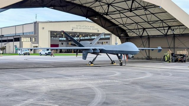 Shown is an unarmed MQ-9 Reaper, a remotely piloted aircraft. Air National Guardsmen from the 147th Attack Wing are using the drones to help search efforts in the wake of the Guadalupe River flash flooding.