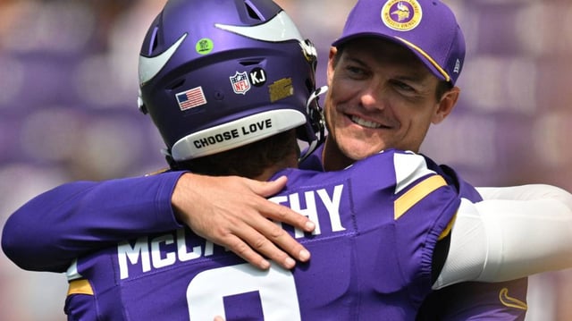 Aug 10, 2024; Minneapolis, Minnesota, USA; Minnesota Vikings quarterback J.J. McCarthy (9) and head coach Kevin O’Connell react before the game against the Las Vegas Raiders at U.S. Bank Stadium. Mandatory Credit: Jeffrey Becker-Imagn Images