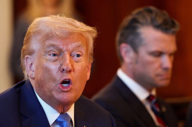 U.S. Defense Secretary Pete Hegseth listens as U.S. President Donald Trump speaks during a bilateral dinner with Israeli Prime Minister Benjamin Netanyahu (not pictured), at the White House in Washington, D.C., U.S., July 7, 2025.